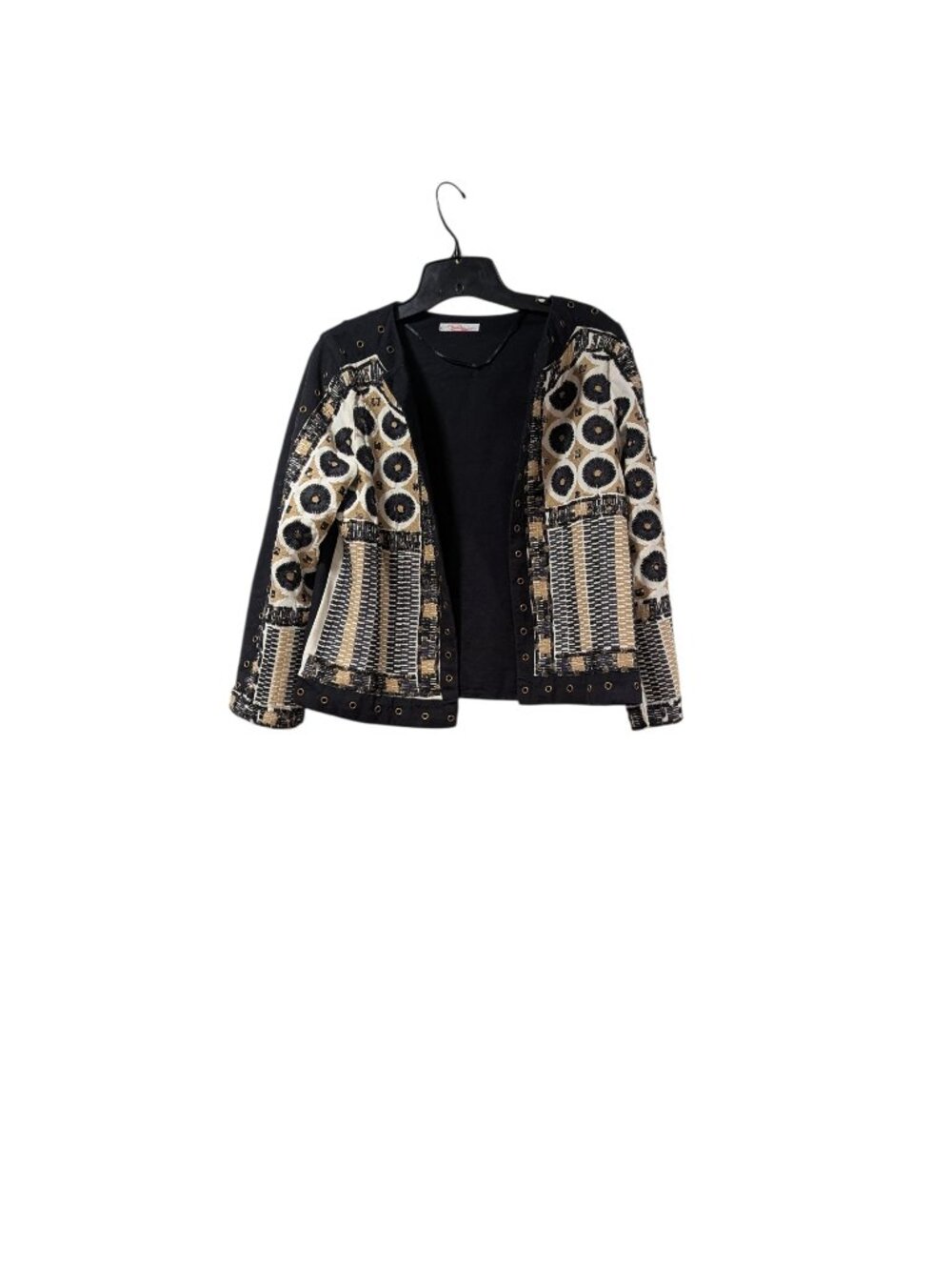 Zara Black & Gold Hand-Embroidered Beaded Ethnic Open Cardigan Jacket Boho Sz  S
